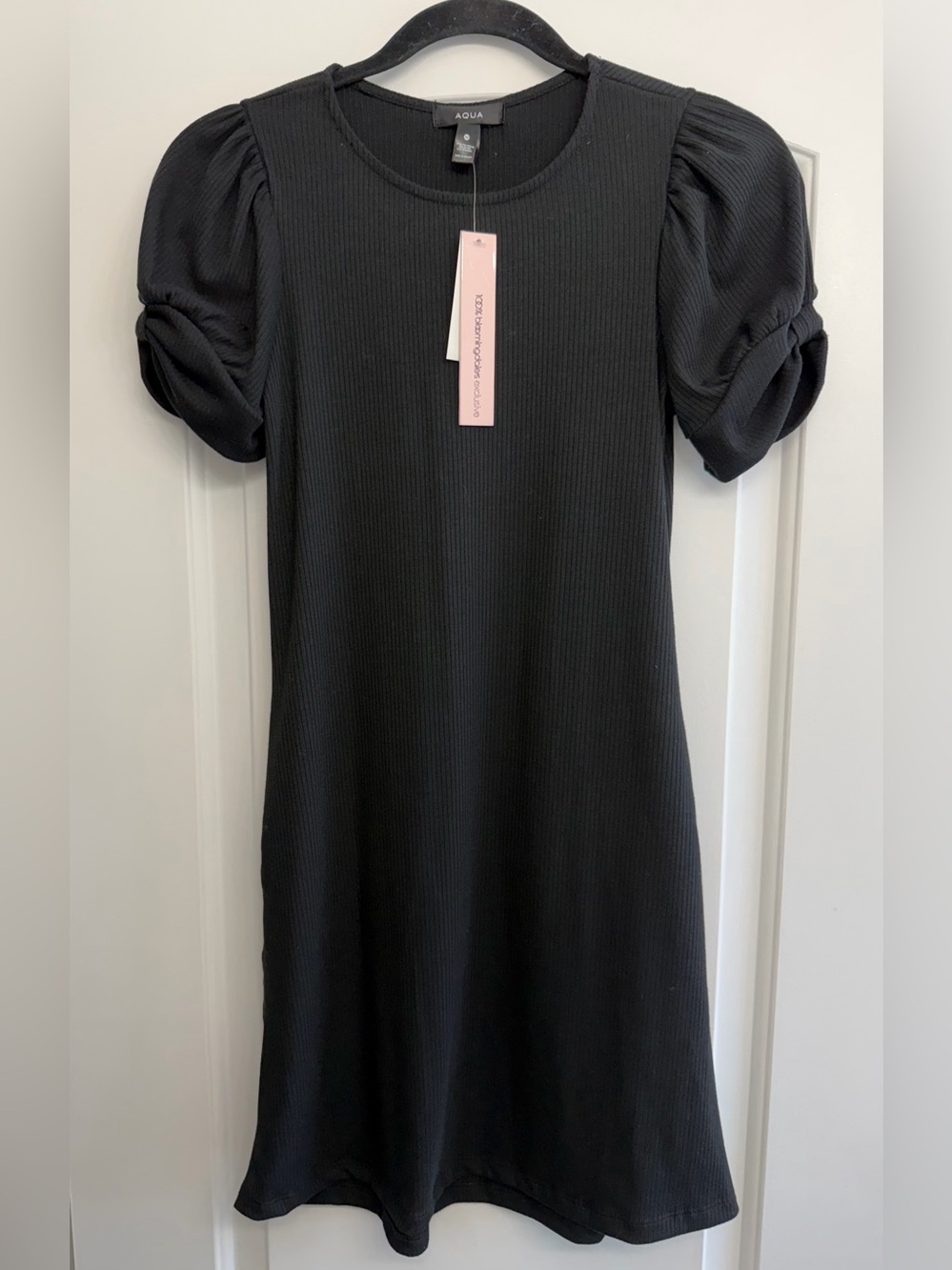 NWT! Aqua Black Ribbed Puff-Sleeve Dress